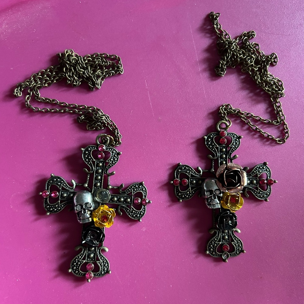 Gothic Cross Pendant Necklaces with Skull and Rose Accents. 26” chains.